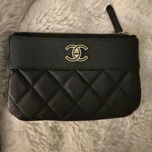 CHANEL Black Quilted Wristlet with Gold Logo